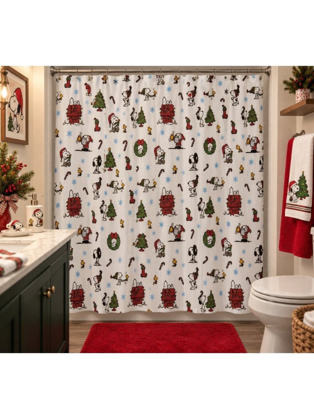 Peanuts Snoopy Christmas Shower Curtain 72x72 Holiday Woodstock Doghouse New
